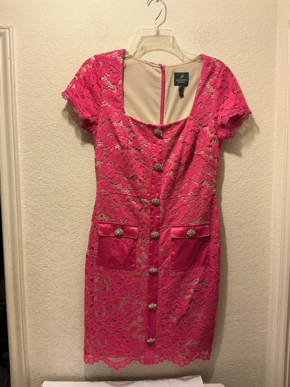 Adrianna Papell Hot Pink Lace Button-Front Short Dress - Picture 4 of 7